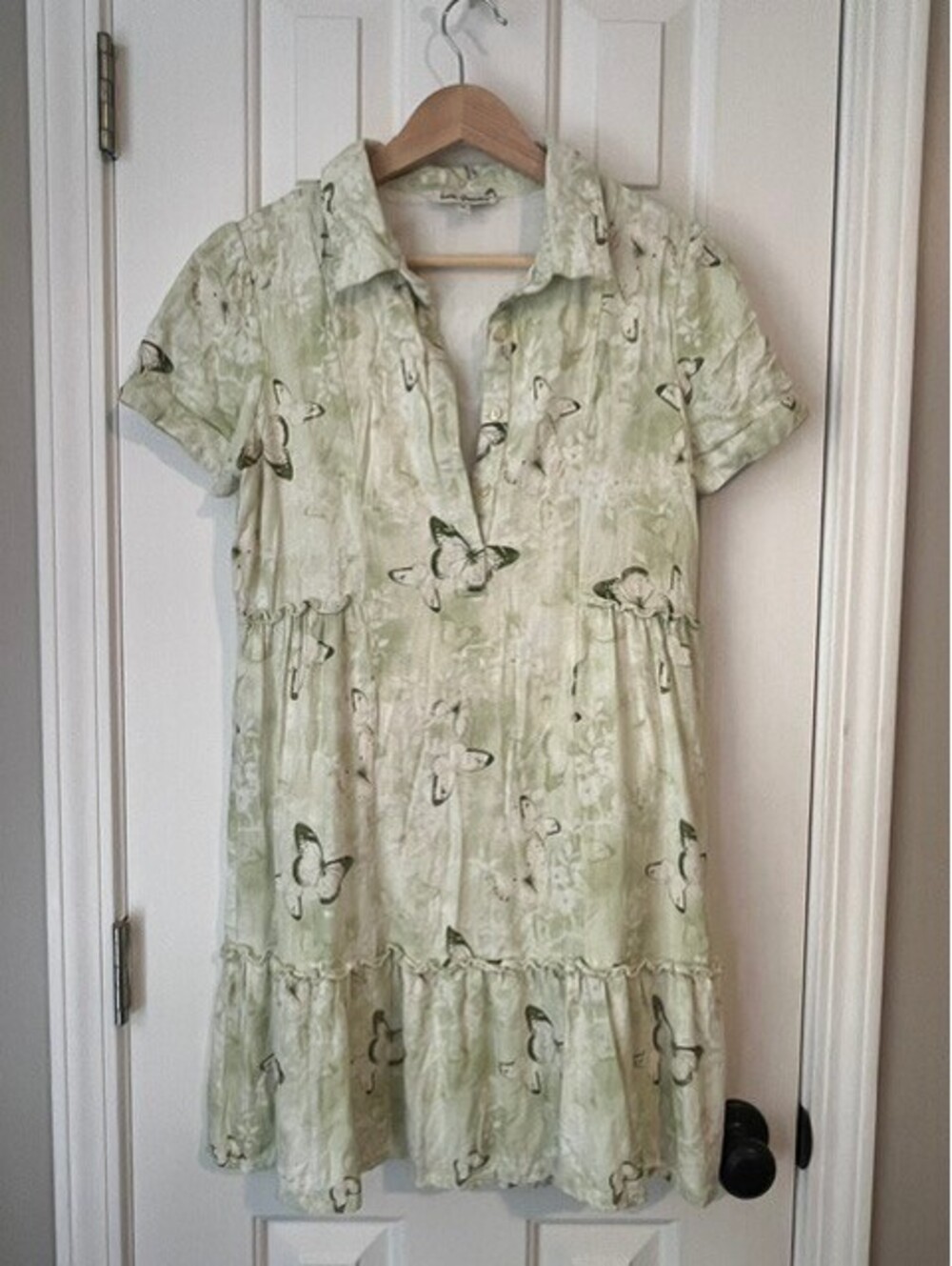 Latin Quarters Green Butterfly Print Tiered Shirt Dress Linen Blend Mini SZ. M